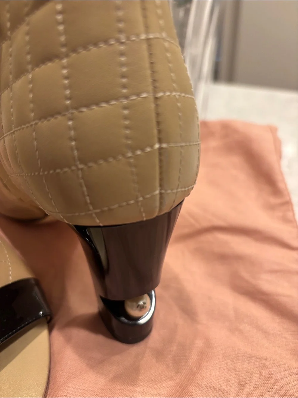 CHANEL Beige Quilted Peep-Toe Ankle Boots with Black Patent Trim